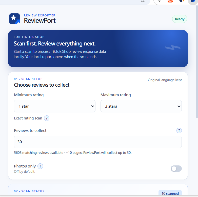 Real ReviewPort popup showing a one-to-three-star selection, target of 30 reviews, 5608 visible matching reviews, and a ten-scanned status