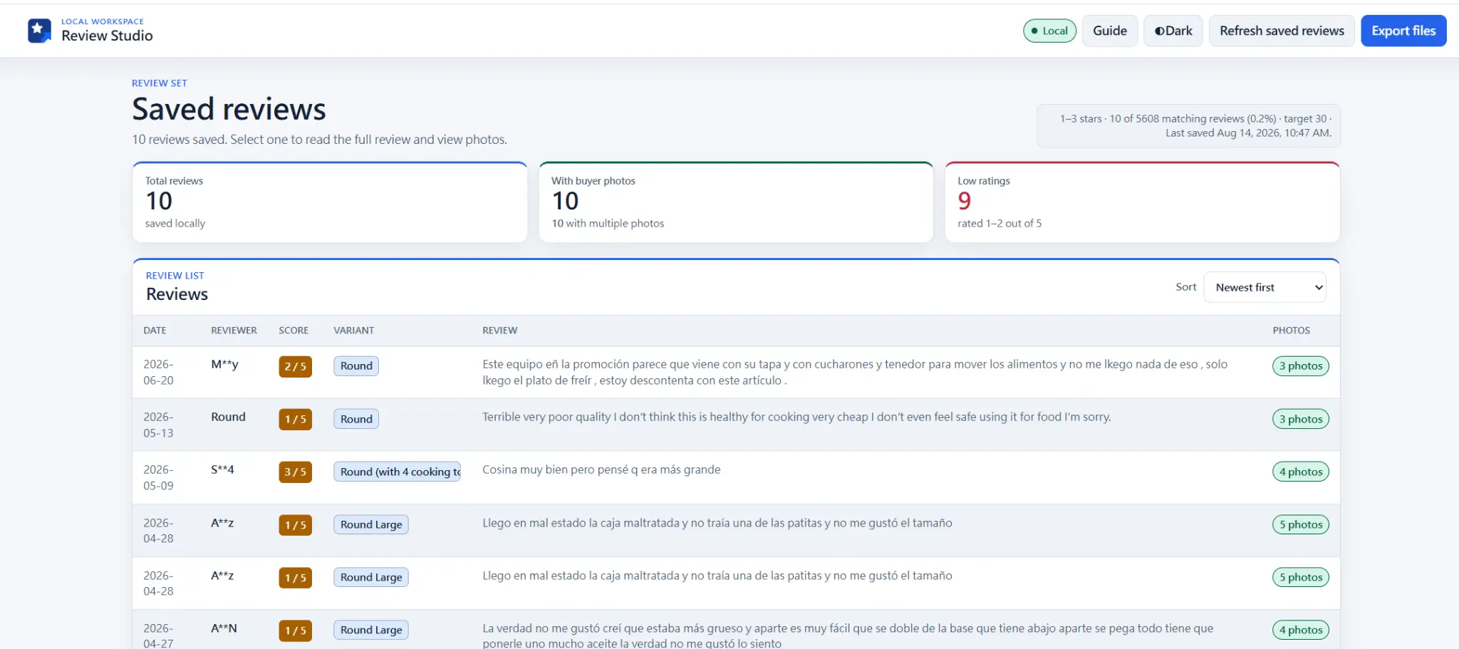 Real ReviewPort Review Studio showing ten locally saved reviews, numeric one-to-five score badges, variants, review text, buyer-photo counts, and partially masked reviewer names